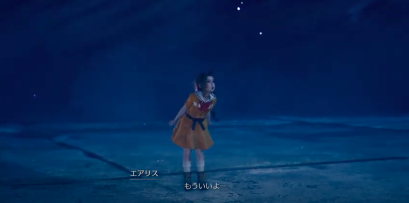 Aerith playing hide and seek in the Ghost Train scene from FF7R